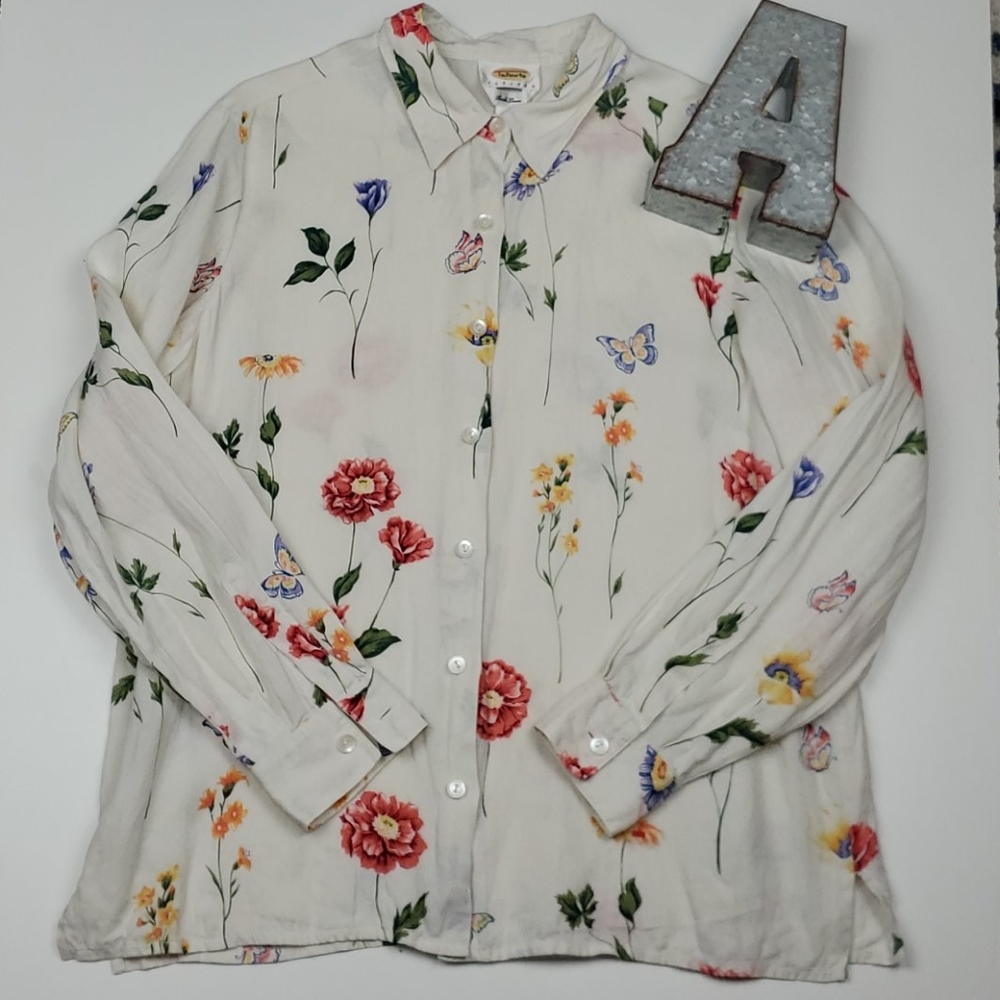Talbots Linen Floral Long Sleeve Collared Shirt